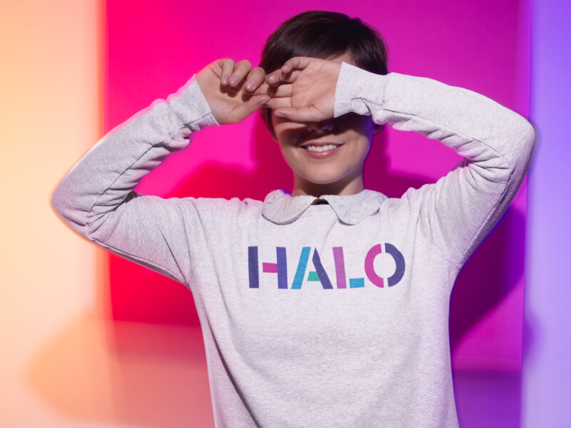 Person wearing HALO branded sweatshirt