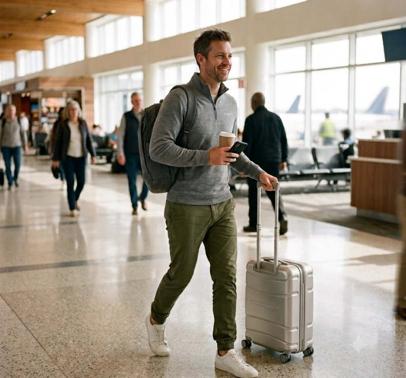 Business traveler wearing a premium HALO quarter-zip while walking through an airport with a backpack and carry-on suitcase.