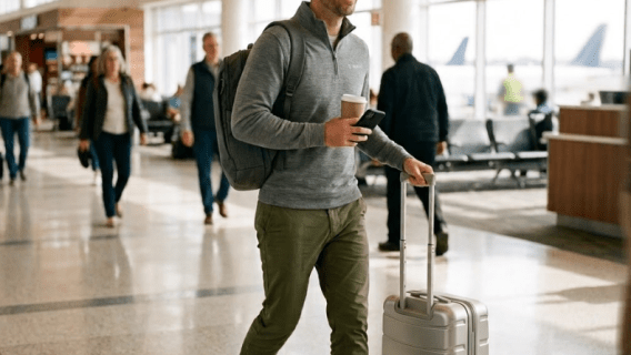 Business traveler wearing a premium HALO quarter-zip while walking through an airport with a backpack and carry-on suitcase.