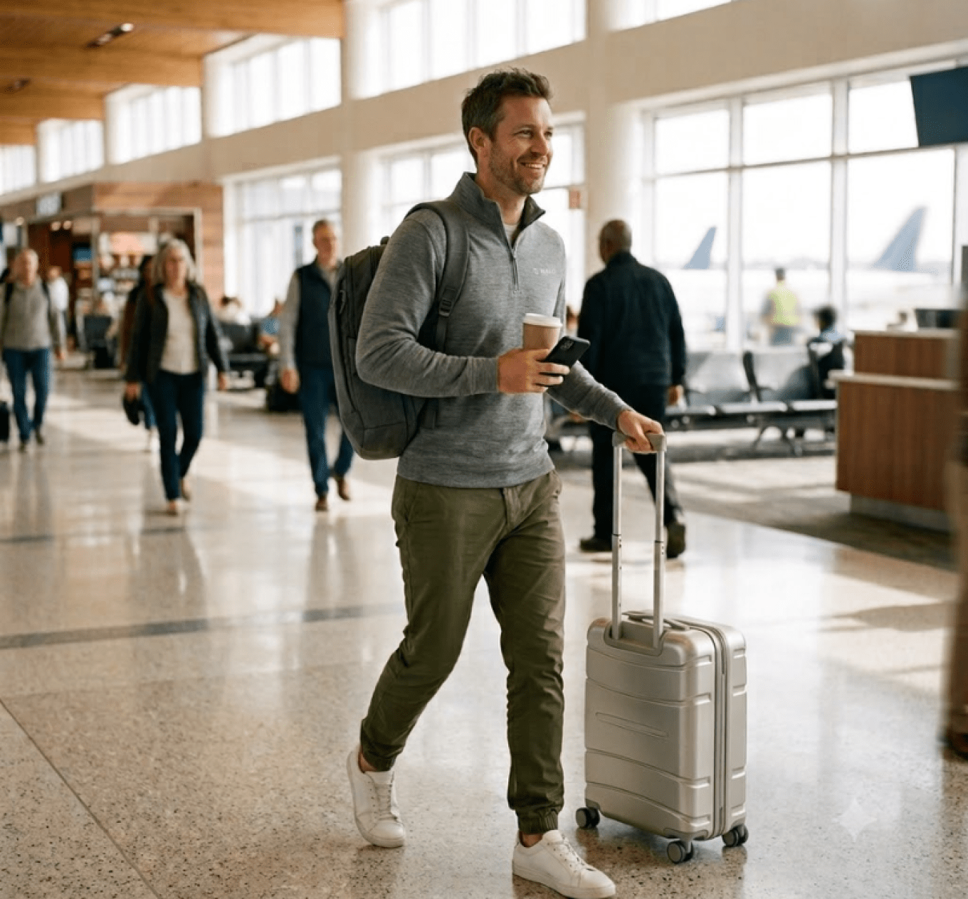 Business traveler wearing a premium HALO quarter-zip while walking through an airport with a backpack and carry-on suitcase.
